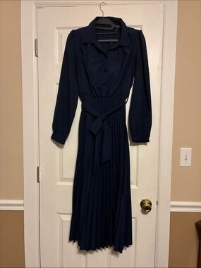 SHEIN Navy Long-Sleeve Pleated Maxi Dress with Self-Tie Waist